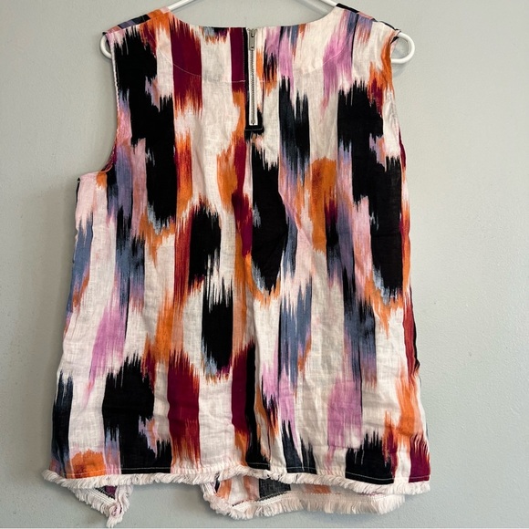 DKNY Womens Sleeveless Pullover Blouse Fringe Hem 100% Linen Tie Dye Sz L Boho - Picture 11 of 11